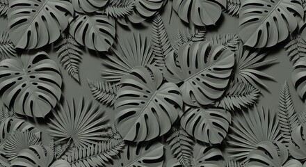 Monochromatic arrangement of tropical foliage textured monstera palm and fern leaves layered with shadows on a solid gray background