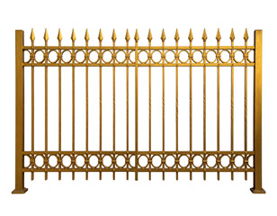 A decorative golden fence with pointed tops and circular designs, showcasing intricate craftsmanship and a majestic appearance.