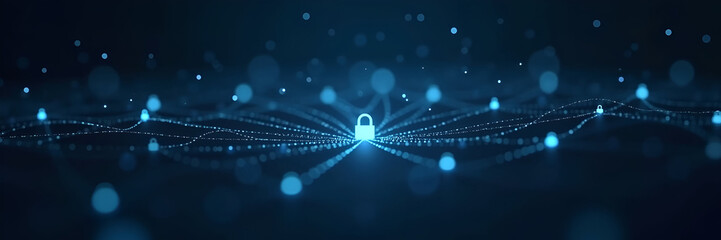 Interactive nodes depict data being transferred securely between systems, arranged with leading lines and negative space, providing ample room for descriptive text placements.