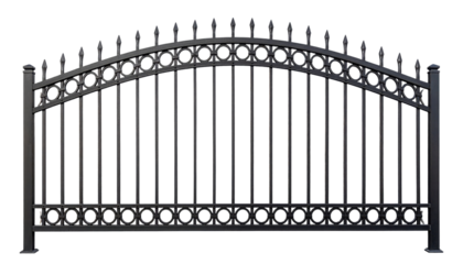 A decorative arch-shaped metal fence with pointed tops and circular accents, designed for security and style.