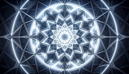 Intricate Abstract Geometric Pattern with Glowing Light and Symmetry in a Dark, Futuristic Design with Futuristic Aesthetics