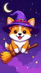 Cartoon corgi in a witch hat, sitting on a broomstick flying across a starry Halloween night sky