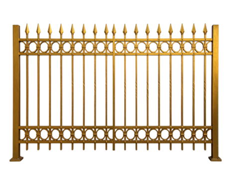 A decorative golden fence with pointed tops and circular designs, showcasing intricate craftsmanship and a majestic appearance.