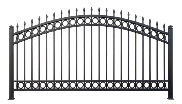 A decorative arch-shaped metal fence with pointed tops and circular accents, designed for security and style.