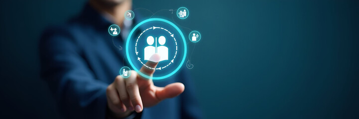 Hand selecting holographic recruitment target device with group people icons representing talent acquisition candidate selection skill assessment in empty space concept as Hand selects holographic rec