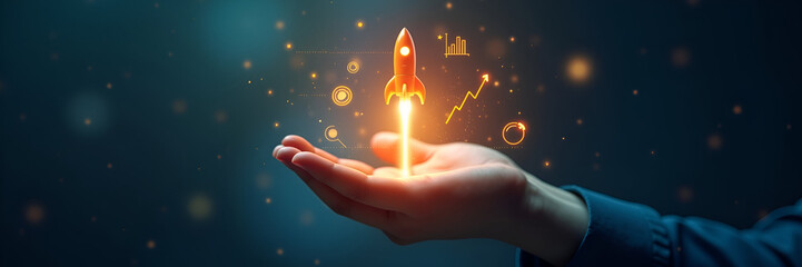 A hand holding a glowing rocket surrounded by flourishing growth indicators, designed with a center composition and ample copy space for descriptive text.