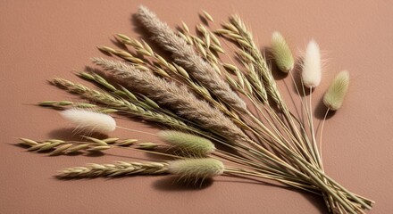 Natural dried grasses including feathery plumes and soft fluffy seed heads arranged on a warm brown surface