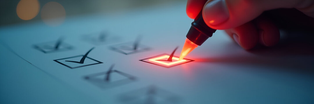 A checklist featuring glowing boxes being marked as completed, arranged artistically with abundant copy space for easy integration of promotional messaging.