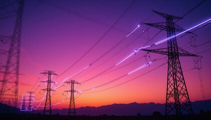 Vibrant Power Lines Against a Deep Purple Horizon