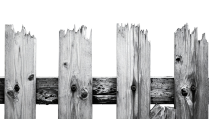 A close-up of weathered wooden fence planks, showcasing rough edges, knots, and a rustic texture.