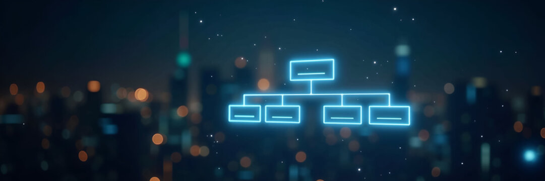 A glowing organizational chart that displays corporate hierarchy, designed with clarity amidst a minimalist backdrop, providing ample copy space for branding purposes.