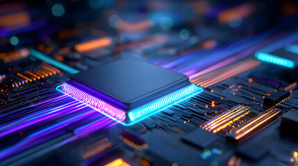 High-tech microprocessor on circuit board with glowing connections and vibrant colors