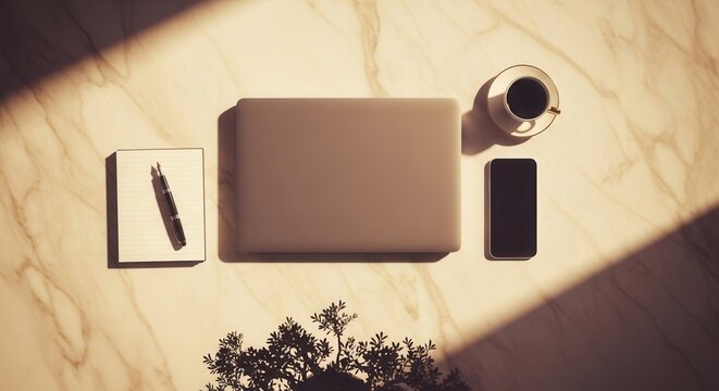 Overhead view of a desk with a closed laptop smartphone coffee cup notebook and pen on a marble surface featuring sunlight and strong shadows - Powered by Adobe