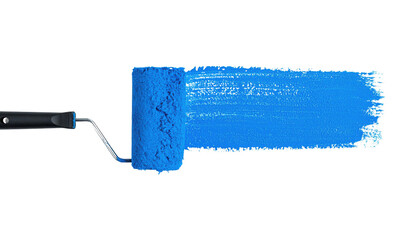 A paint roller covered in vibrant blue paint, with a brushstroke effect depicting an artistic application.