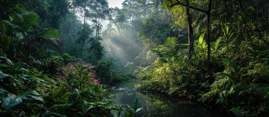 Lush rainforest scene with morning sunlight filtering through canopy