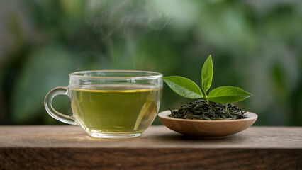 Hot green tea in cup on wooden table. 