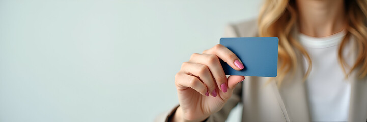 A womans hand, elegantly holding a credit card against a transparent background, conveying a sense of modern shopping and convenience, providing ample space for branding.