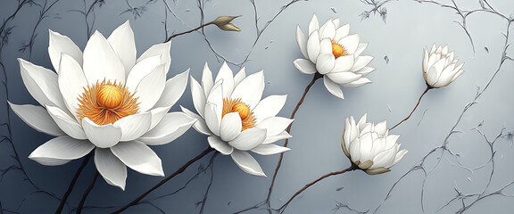 Luxury floral wallpaper featuring 3D embossed blossoms with gold, silver, and marble textures, elegant botanical mural in rich colors, abstract illustration for art prints, seamless 4K decorative back