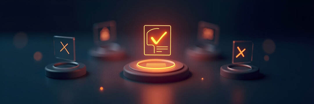 A glowing checkmark and cross hover above document icons, representing the stages of approval workflow, ensuring ample copy space for branding and instructions.