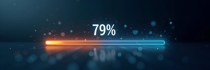 Obraz premium A glowing progress bar representing a software update at 79%, against a soft-focus background that provides extensive copy space for branding or informational text.