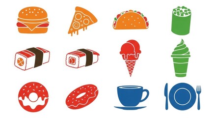 Delicious food icons burger pizza taco sushi ice cream donut coffee plate knife fork vector graphic