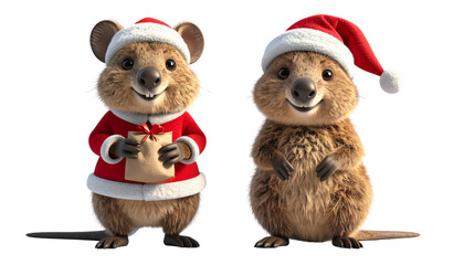  Two cartoon quokka in Santa outfit bundle isolated on transparent background