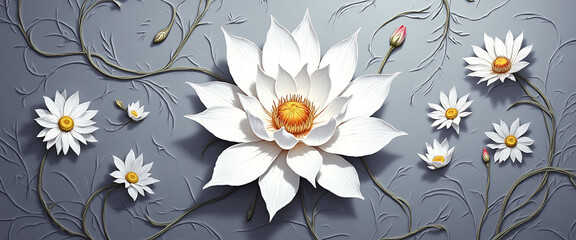 Luxury floral wallpaper featuring 3D embossed blossoms with gold, silver, and marble textures, elegant botanical mural in rich colors, abstract illustration for art prints, seamless 4K decorative back