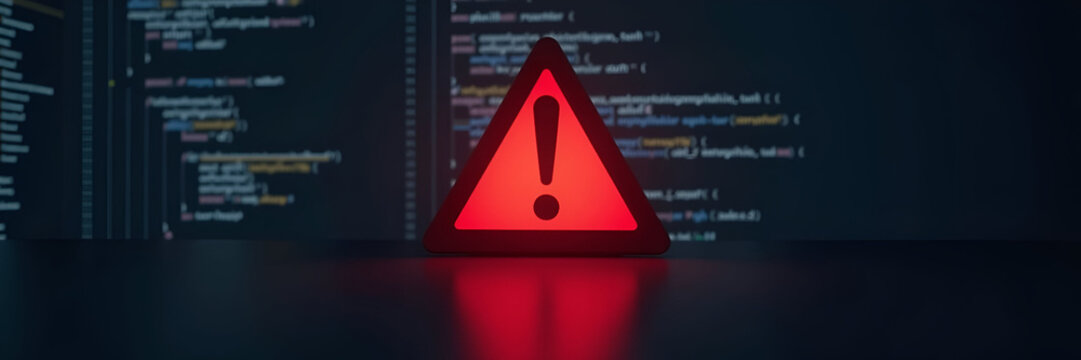 A red warning triangle overlays a sleek code editor backdrop, visually communicating system errors; copy space is utilized effectively to enhance the design.