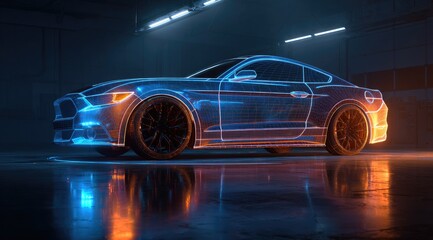 Futuristic car, wireframe model, neon glow,  garage setting