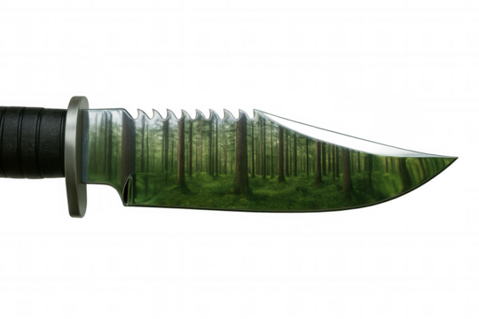 Knife with forest reflection in blade, concept of nature, wilderness, survival, and outdoor adventure, transparent background