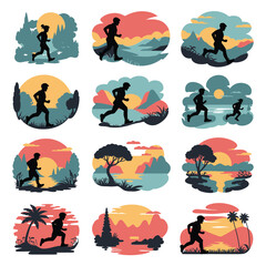 Obraz premium People running through varied landscapes including forests, mountains, and coastal areas. Runners in scenic natural environments during sunrise or sunset.
