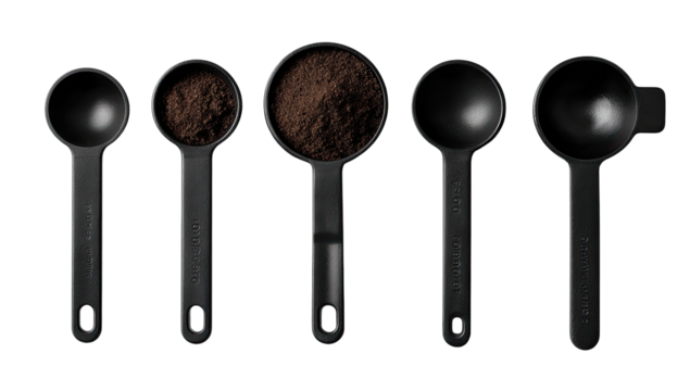 Five black measuring spoons filled with ground coffee