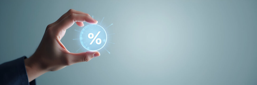 Hand holding holographic zero percent interest rate symbol representing zero percent financing discounts no commission sales promotions in empty space concept as Hand holds holographic zero percent sy