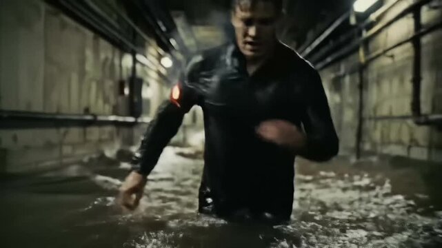 Man in danger running away from disaster inside flooded tunnel running pov suitable for action sequence, emergency scene, survival mode, dramatic opening, thriller project.