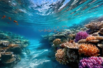 Obraz premium Vibrant Coral Reef with Fish Under Tropical Blue Water