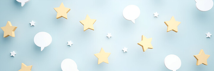 Fototapeta premium An interactive star-based customer rating system, featuring floating feedback bubbles, designed with a minimalistic approach to allow easy copy space for promotional messages.