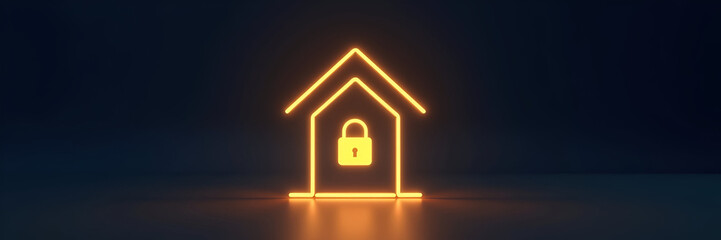 A glowing home icon paired with a padlock symbolizes secure housing, designed with negative space to facilitate branding and messaging opportunities in a minimalistic style.