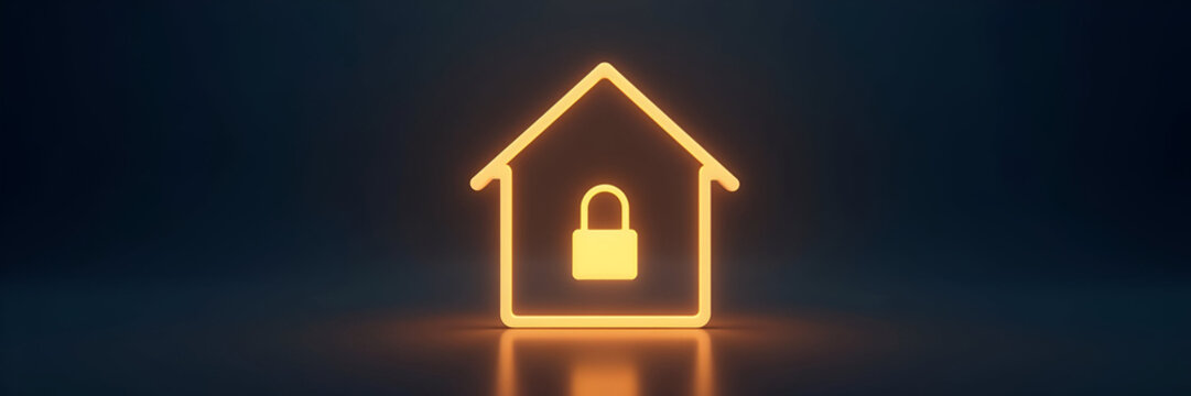 A glowing home icon paired with a padlock symbolizes secure housing, designed with negative space to facilitate branding and messaging opportunities in a minimalistic style.