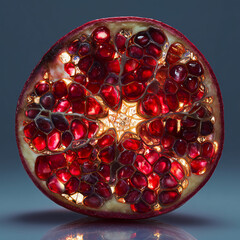 A sliced pomegranate glowing like stained glass, with radiant light illuminating its seeds and creating a vivid, artistic and surreal fruit composition.