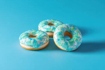 Bite Mark Food. Delicious Glazed Cake Doughnuts on Blue Color Palette Background