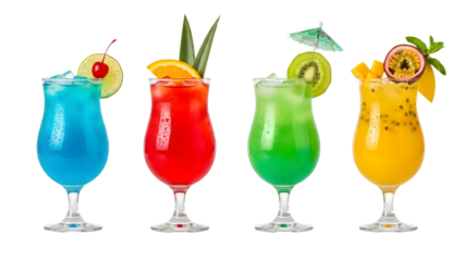 a set of cocktails: gin tonic, blue lagoon, tequila sunrise, iced irish coffee, pina colada, mai tai, cocktail with rum, whiskey, mojito, bar menu drinks, cocktails isolated PNG	