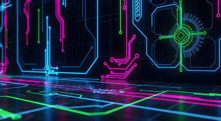 Vibrant futuristic cybernetic network with neon glow, perfect for cutting edge tech, AI, and innovative digital designs with a modern aesthetic