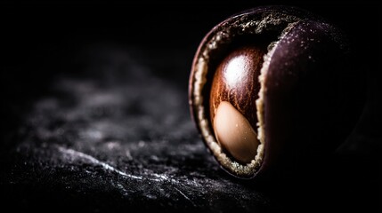 density. Macro view of a rough geode core in a polished shell on dark slate, dramatic side lighting. STEM education sheets.