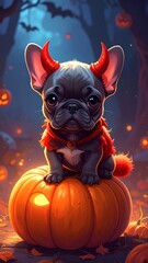 French bulldog wearing a tiny devil costume with red horns and tail, sitting on a glowing pumpkin, spooky cute style