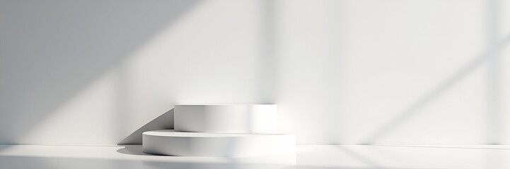 Fototapeta premium A minimalistic white podium display for product presentation, showcasing a clean aesthetic with natural sunlight casting soft shadows on the concrete wall, allowing for copy space.