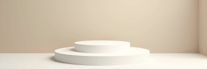 A minimalist white cylindrical podium with two levels sits against a beige wall background, providing a sophisticated display area with generous copy space for product showcasing.