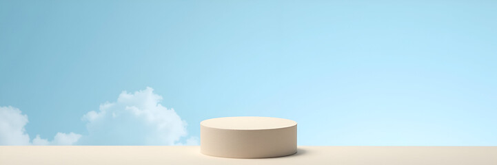 A cylindrical light beige cement base set against a sky blue background with clouds, providing a balanced composition for product display. Generous copy space.