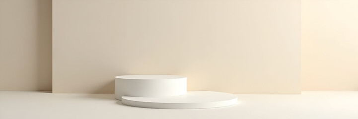 A minimalist white cylindrical podium with two levels sits against a beige wall background, providing a sophisticated display area with generous copy space for product showcasing.