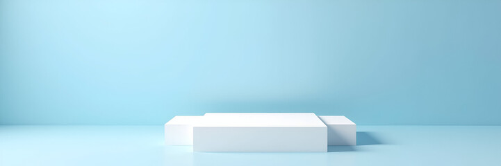 A stylish white square podium with two levels set against a sky blue backdrop, perfect for product displays with available copy space for branding details.