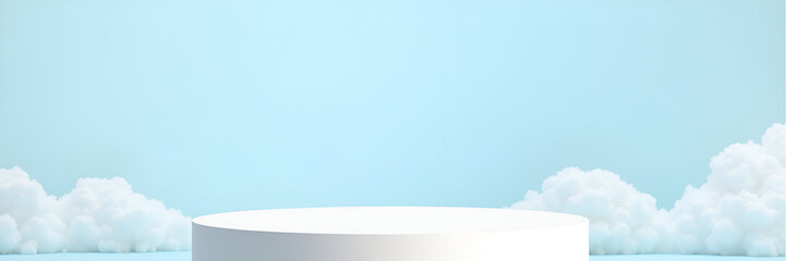 A serene, white round podium stands against a soft sky blue background with fluffy clouds, creating a perfect space for product display with clean lines.
